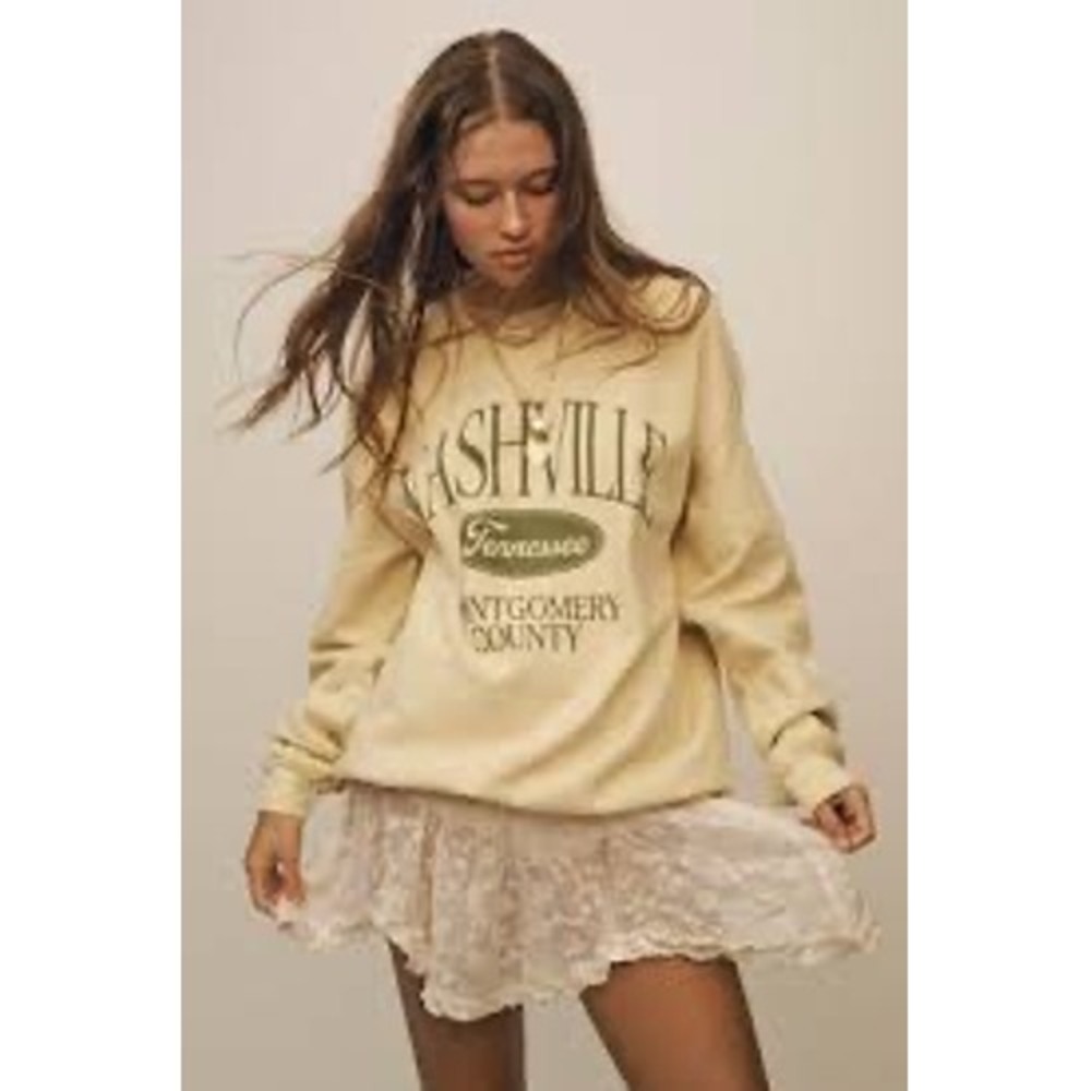Anthropologie Nashville Tennessee Graphic Sweatshirt Light Yellow Green S Cotton